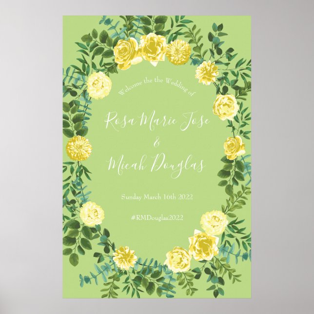 Poster Jaune clair et vert pâle Rose Mariage floral (Devant)