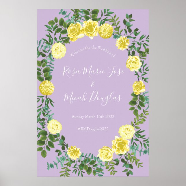 Poster Jaune clair & Lilac Purple & Rose Floral Mariage (Devant)