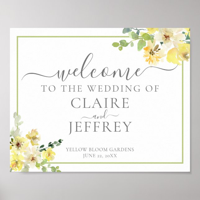 Poster Jaune Floral Sage Vert Mariage d'été Bienvenue (Devant)
