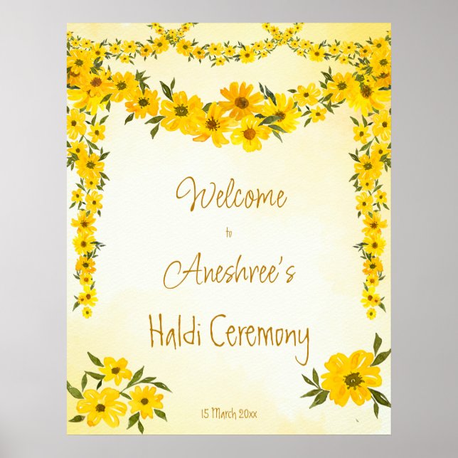 Poster Jaune guirlandes florales mariage indien haldi wel (Devant)