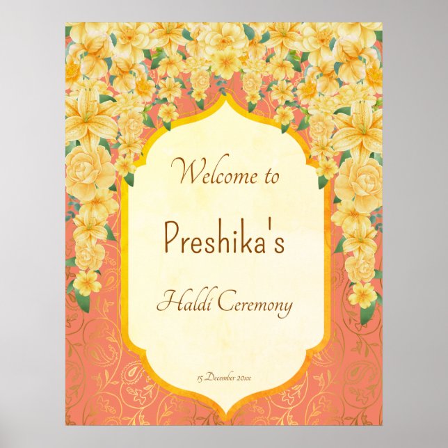 Poster Jaune guirlandes florales mariage indien haldi wel (Devant)