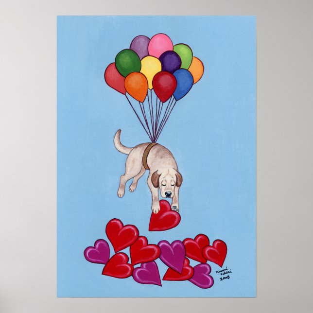 Poster Jaune Labrador Collecting Hearts (amour) Oeuvre d' (Devant)