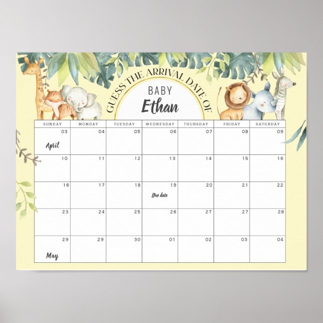 Poster Jaune Safari jungle bébé date de naissance jeu de  (Devant)