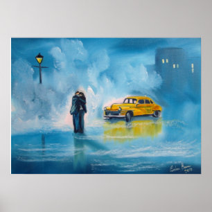 Poster Jaune taxi pluie jour couple romantique peinture