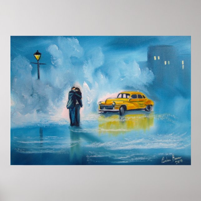 Poster Jaune taxi pluie jour couple romantique peinture (Devant)