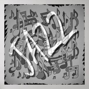 Poster Jazz Music Motif Dancing Swirling Notes BW