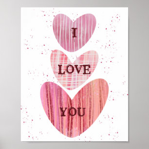 Poster Je t'aime Valentine Rose Aquarelle Coeurs