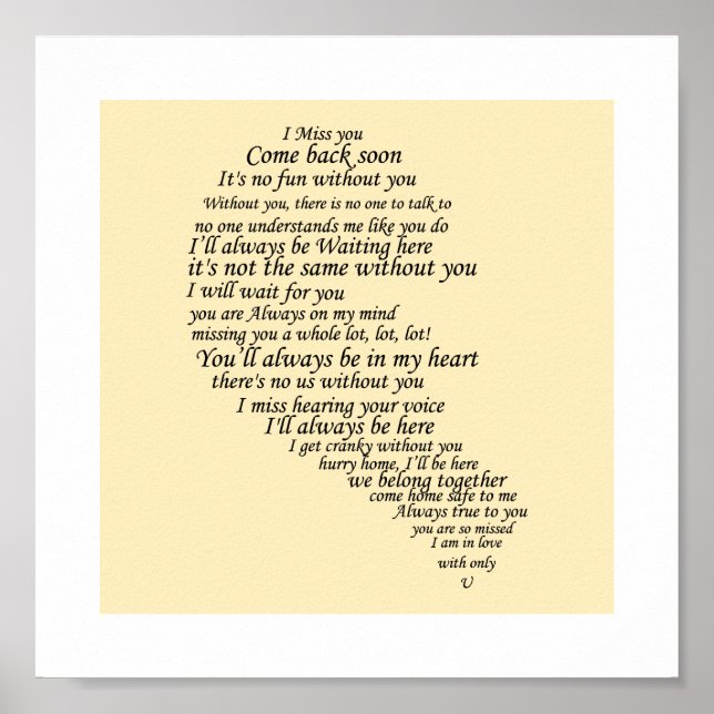 Poster Je te manque du texte en demi-coeur (Devant)