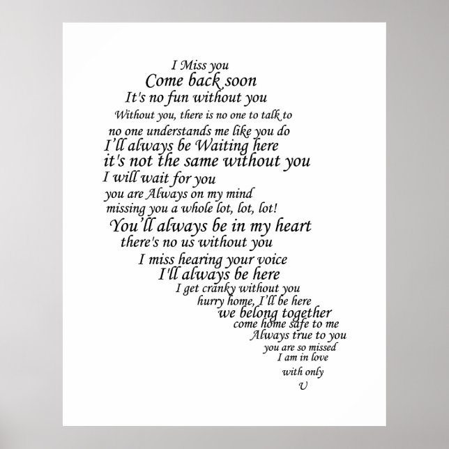 Poster Je te manque du texte en demi-coeur (Devant)