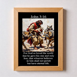 Poster Jean 3:16 Bon Pasteur Livrant l'Agneau aux Loups