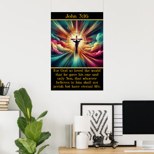 Poster Jean 3:16 Jésus dans la lumière éclatante et les n