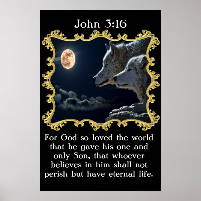 Poster Jean 3:16 Loups regardant la pleine lune. (Devant)