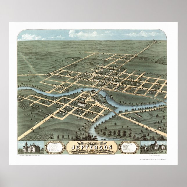 Poster Jefferson, WI Carte panoramique - 1870 (Devant)