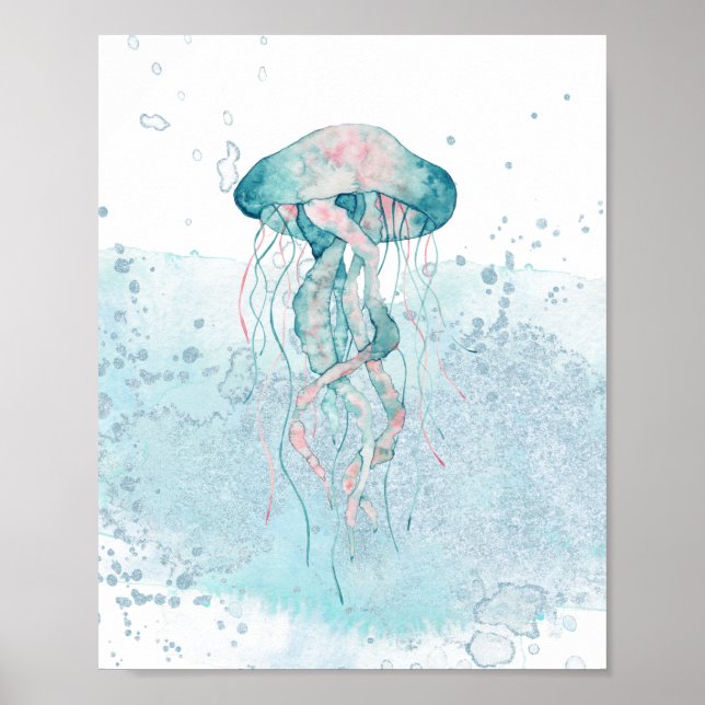 Poster Jellyfish de mer turquoise et rose Thème aquatique (Devant)