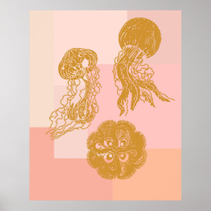 Poster Jellyfish Vintage Ocean Illustration rose et or