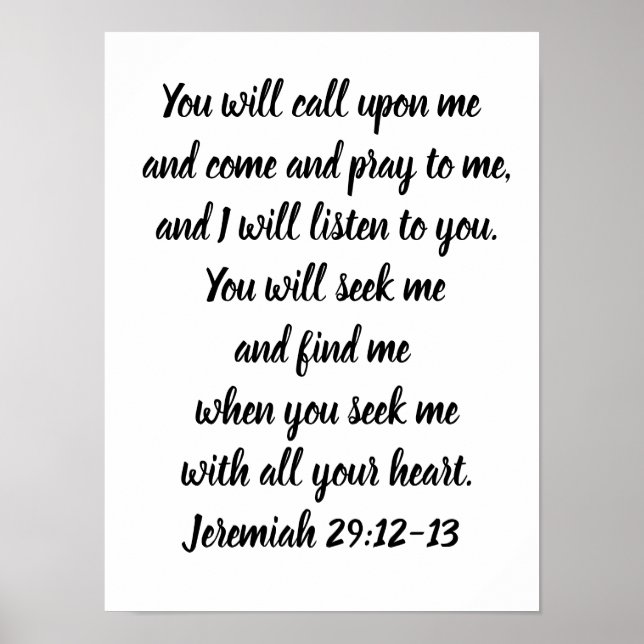 Poster Jérémie 29:12-13 Verset biblique minimaliste (Devant)