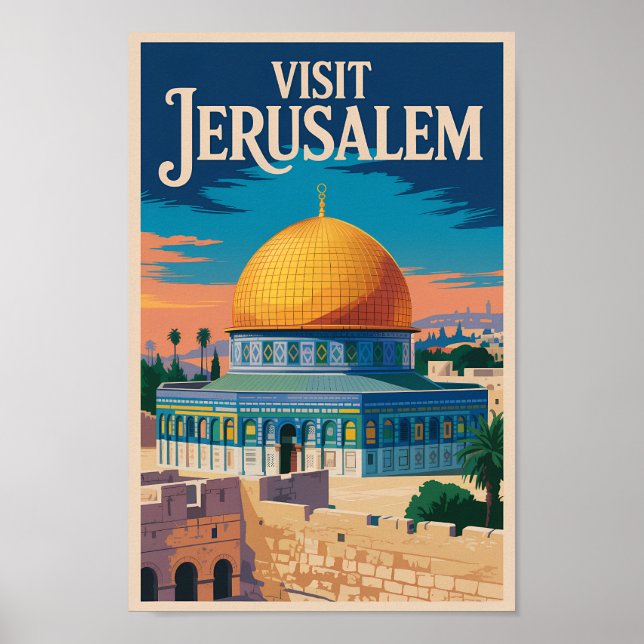 Poster Jerusalem Israel Illustration Travel Art Vintage (Devant)