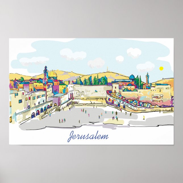 Poster Jérusalem Watercolor Art Israel Western Wall (Devant)