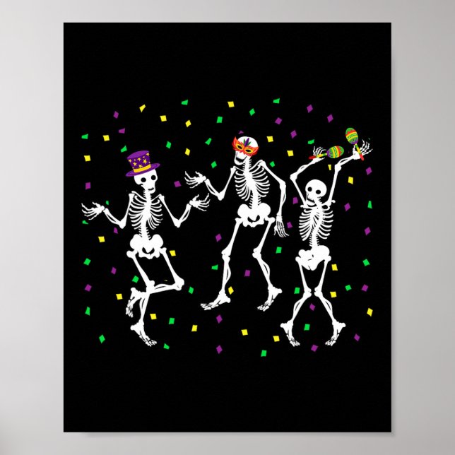 Poster Jester Skeleton Dancing Mardi Gras Bones Carnival (Devant)