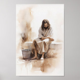 Poster Jésus assis au puits aquarelle Art Imprimer