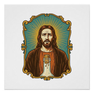 Poster Jésus Bouchon de Vin Cassé Bouteille Sommelier Par