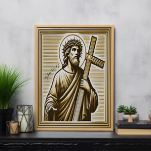 Poster Jésus embrassant la Croix d'or avec compassion