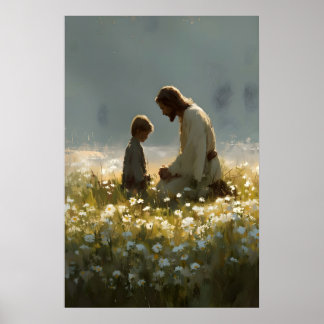 Poster Jésus et garçon dans un champ de fleurs sauvages I