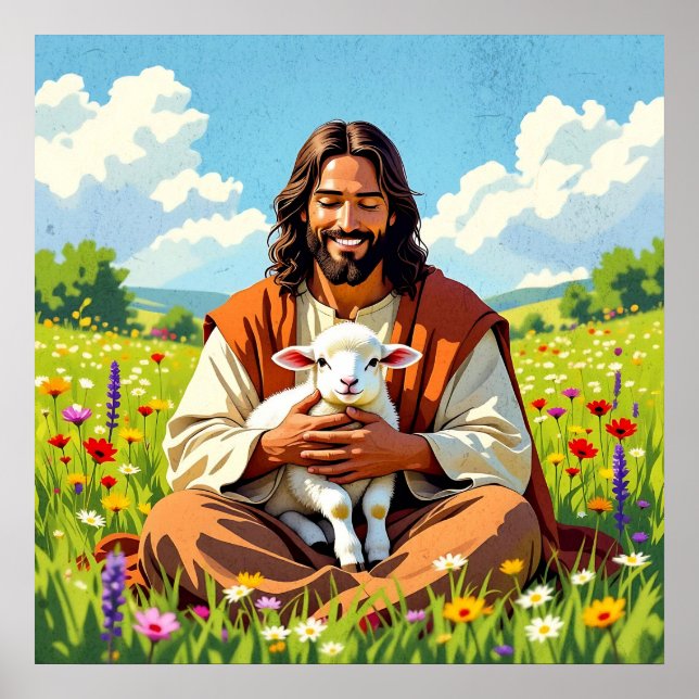 Poster Jesus holding a Lamb | Religious Easter (Devant)