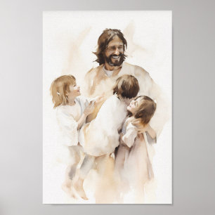 Poster Jésus Jouer avec les enfants Aquarelle Art Imprime