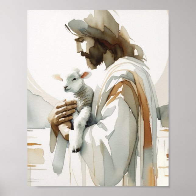 Poster Jésus, L'Agneau - Aquarelle Christian Art et Fai (Devant)