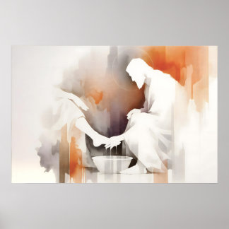 Poster Jésus lave les pieds des disciples Bible aquarelle