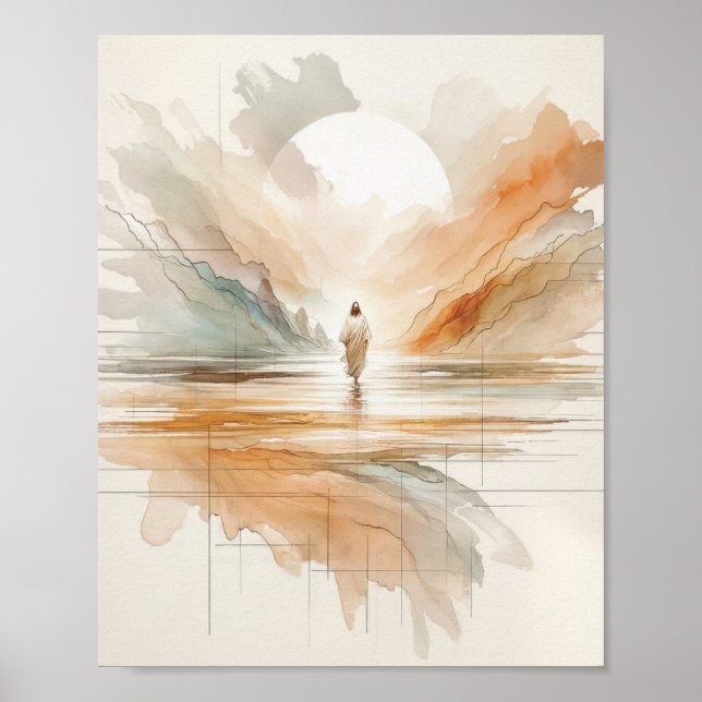 Poster Jésus marche sur l'eau - Aquarelle inspirante (Devant)