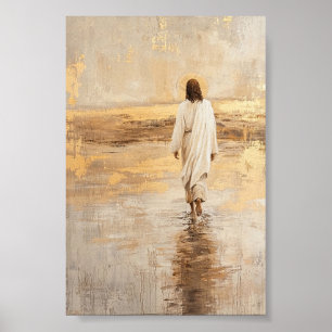 Poster Jésus marche sur l'eau en vêtements blancs