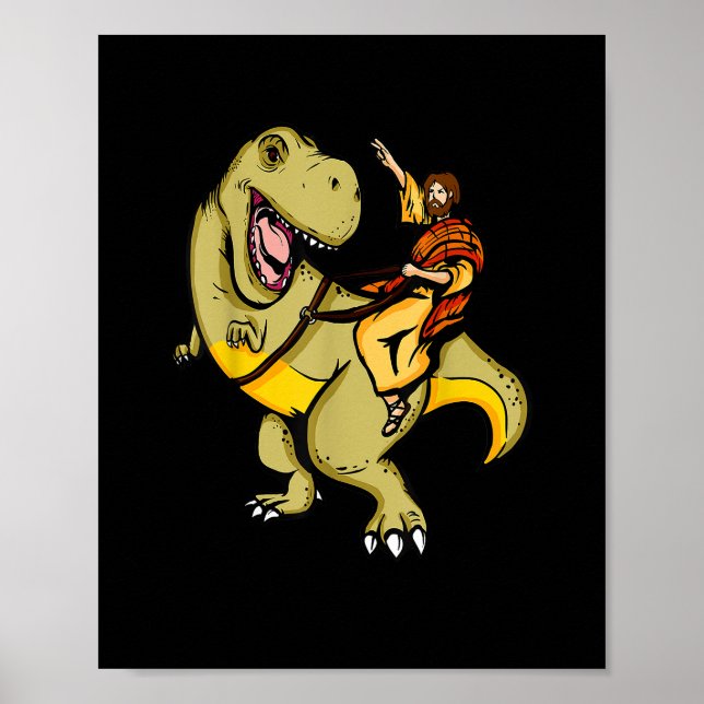 Poster Jésus Monte Un T-Rex Dinosaur Drôle T-Shirt Appare (Devant)