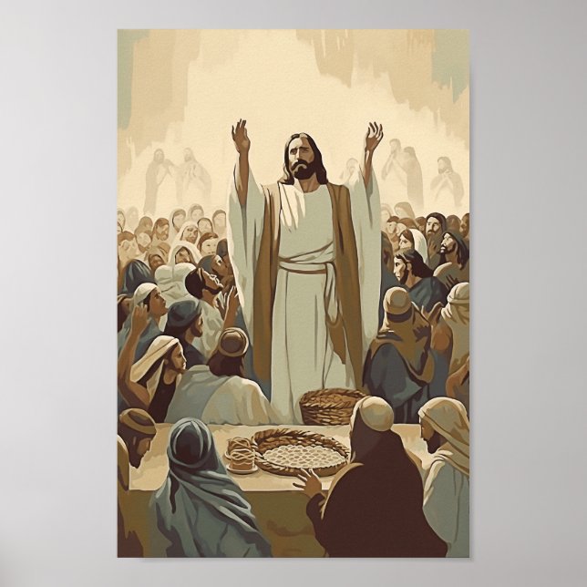 Poster Jésus nourrit la 5000 Christ Bible Verses Histoire (Devant)