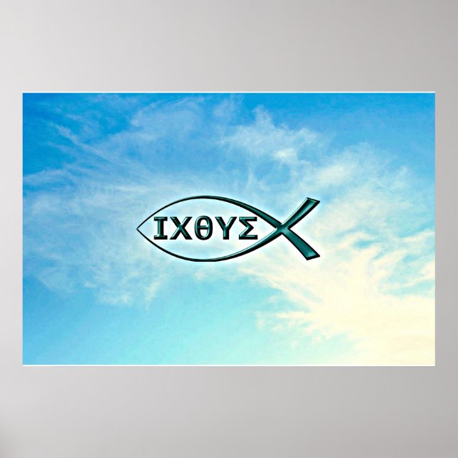 Poster Jésus Poisson sur le ciel bleu arrière - plan (Devant)