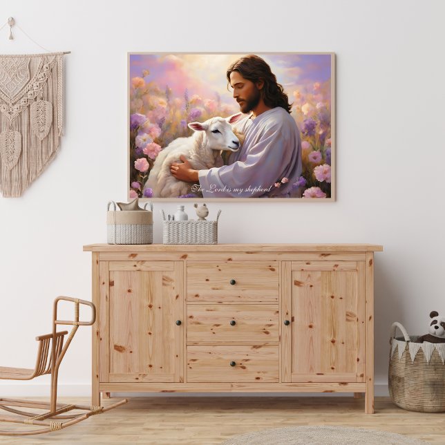 Poster Jésus Portant L'Agneau Perdu Art Chrétien (Religious Poster Jesus Holding the Lamb The Lord is My Shepherd Art)