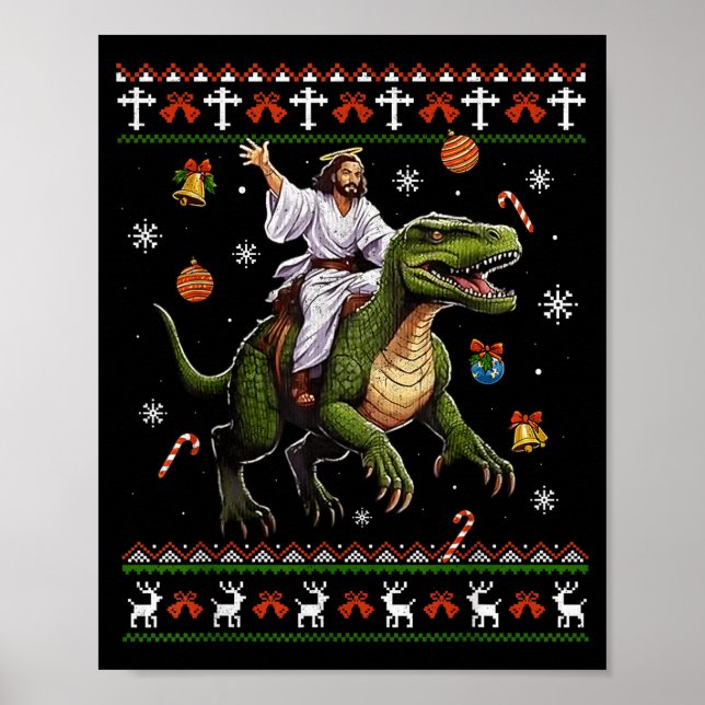 Poster Jesus Riding Dinosaur Funny Meme Ugly Christmas Sw (Devant)