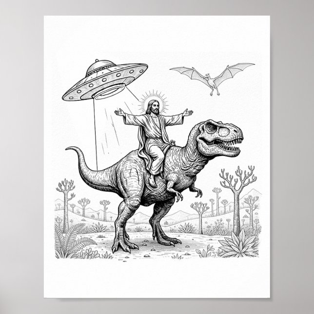 Poster Jesus Riding Dinosaur T-rex Ufo Hunting Alien Sci- (Devant)