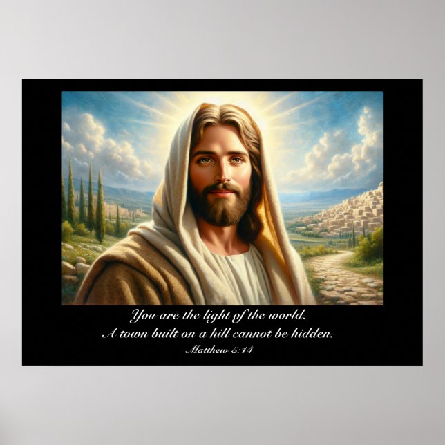 Poster Jésus souriant sous un ciel céleste (Devant)