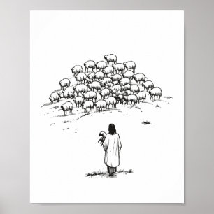 Poster Jésus tenant l'agneau perdu parmi le troupeau