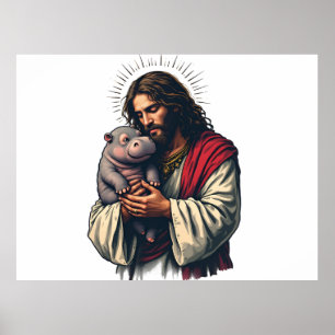 Poster Jésus tenant un bébé Moo Deng Hippo