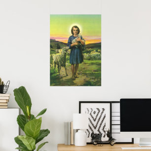 Poster Jésus vintage Christ le berger avec l'agneau bébé