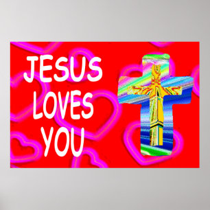 Poster Jésus Vous Aime Avec La Croix Chrétienne