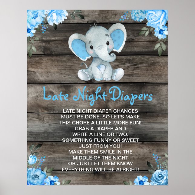 Poster Jeu de Baby shower de Boy Elephant Late Night Diap (Devant)