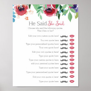 Poster Jeu de baby shower floral 'il a dit, elle a dit' p