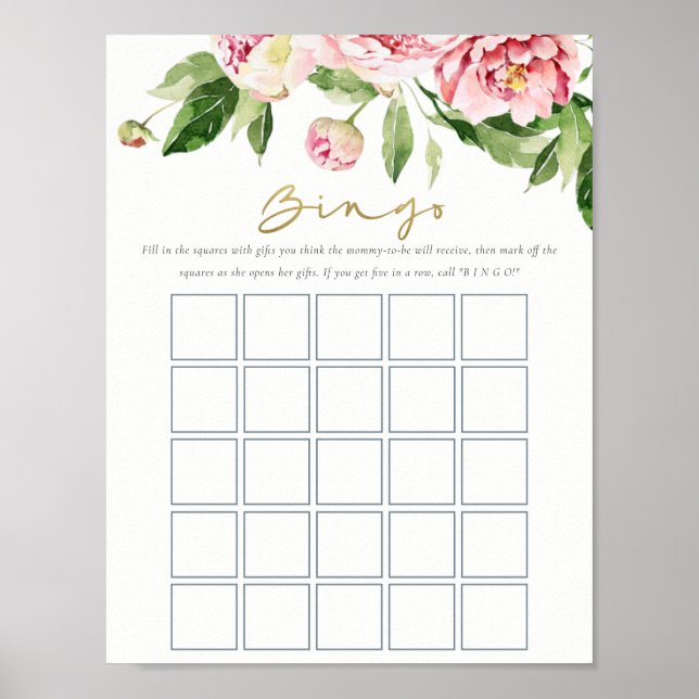 Poster Jeu de Bingo Aquarelle Flush Doux Peony (Devant)
