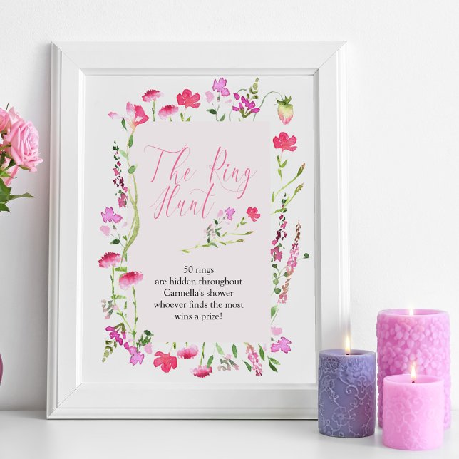 Poster Jeu de chasse à l'anneau Fête des mariées Fleur sa (Ring Hunt bridal shower game sign from my Pink Wildflower Collection.)
