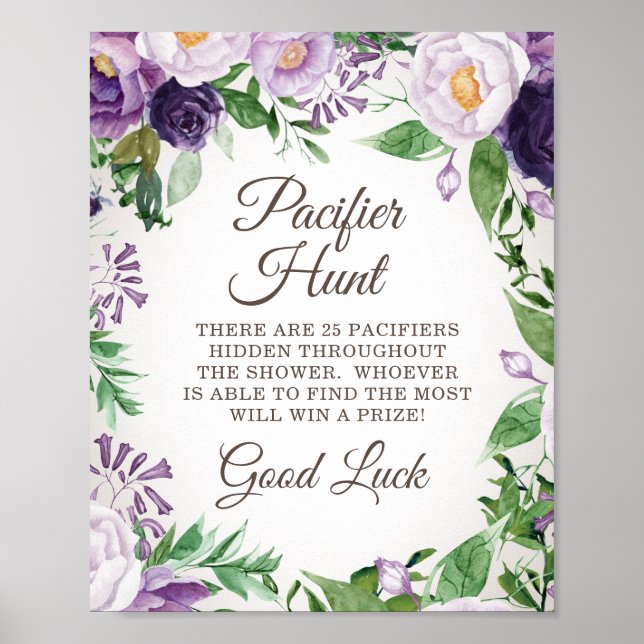 Poster Jeu de chasse au Baby shower floral pourpre (Devant)