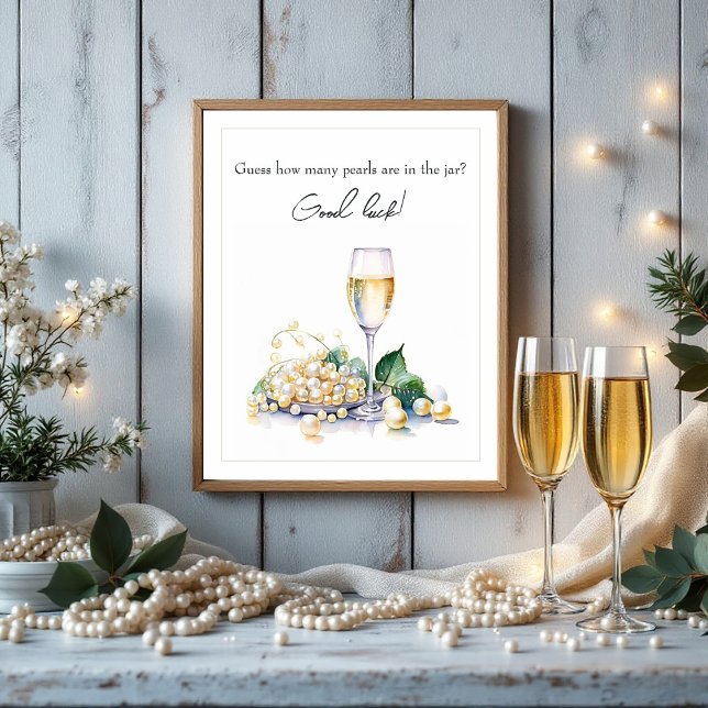 Poster Jeu de devinette Mariage Perles & Prosecco (Pearls & Prosecco Guessing Game Bridal Shower Poster)